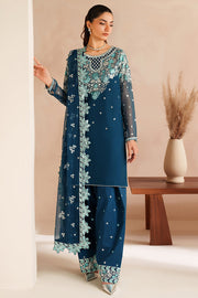 Farasha Luxury Embroidered Chiffon Unstitched 3Pc Suit - Cobalt Haze