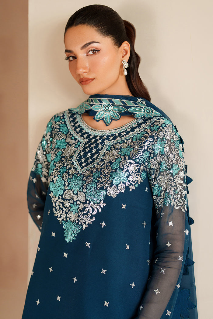 Farasha Luxury Embroidered Chiffon Unstitched 3Pc Suit - Cobalt Haze