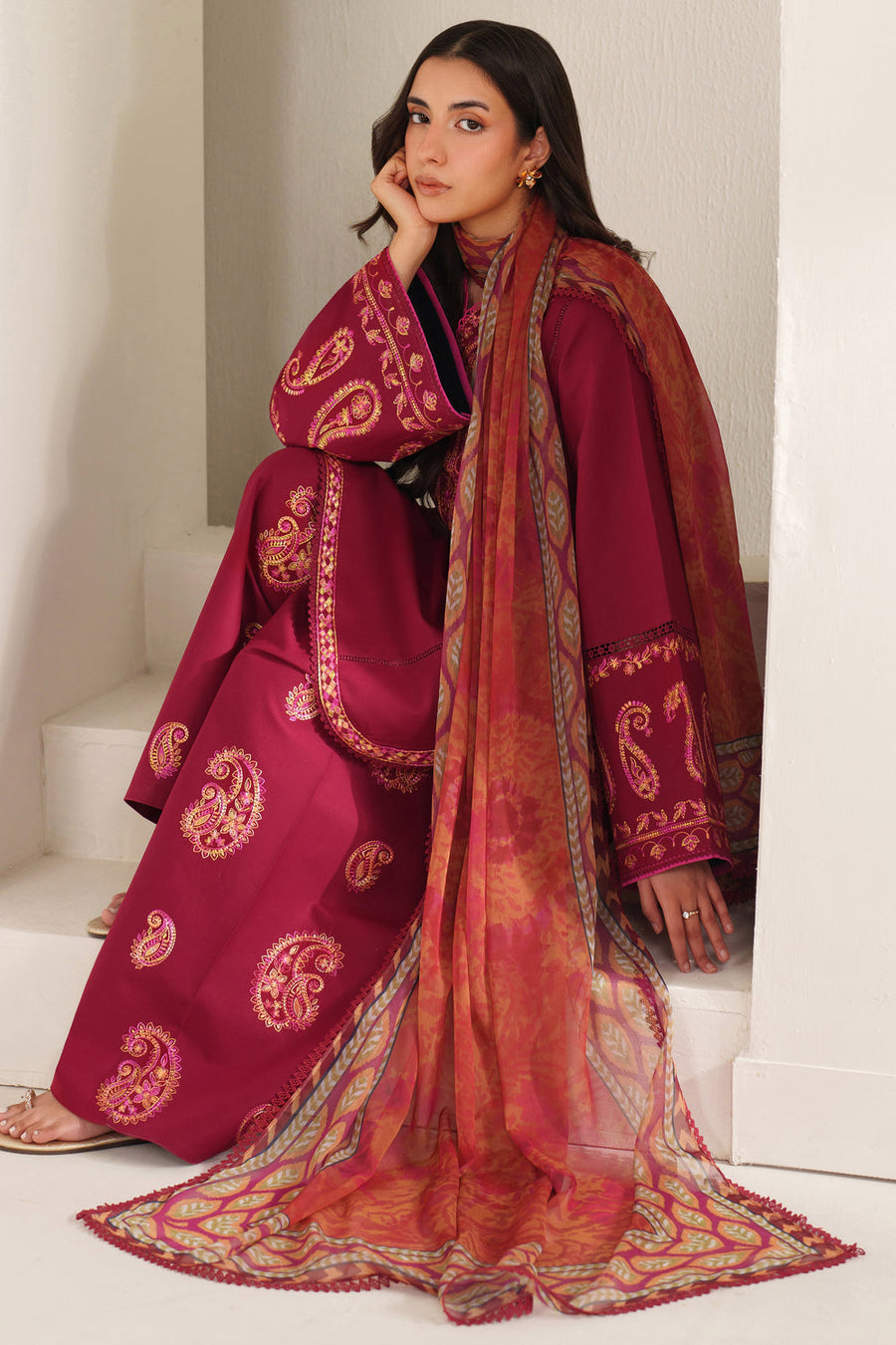 Farasha Summer Weaves Embroidered Lawn Unstitched 3Pc Suit - Coral Flare