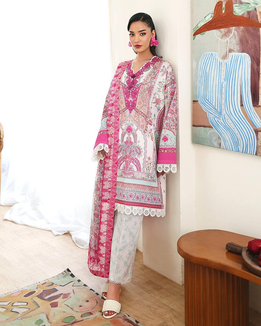 Roheenaz Eclat Gerden Printed Lawn Unstitched 3Pc Suit - CORAL HIBISCUS