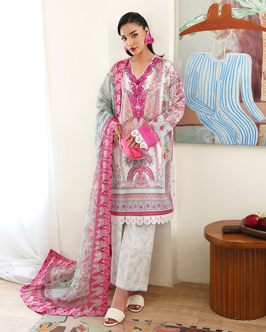 Roheenaz Eclat Gerden Printed Lawn Unstitched 3Pc Suit - CORAL HIBISCUS