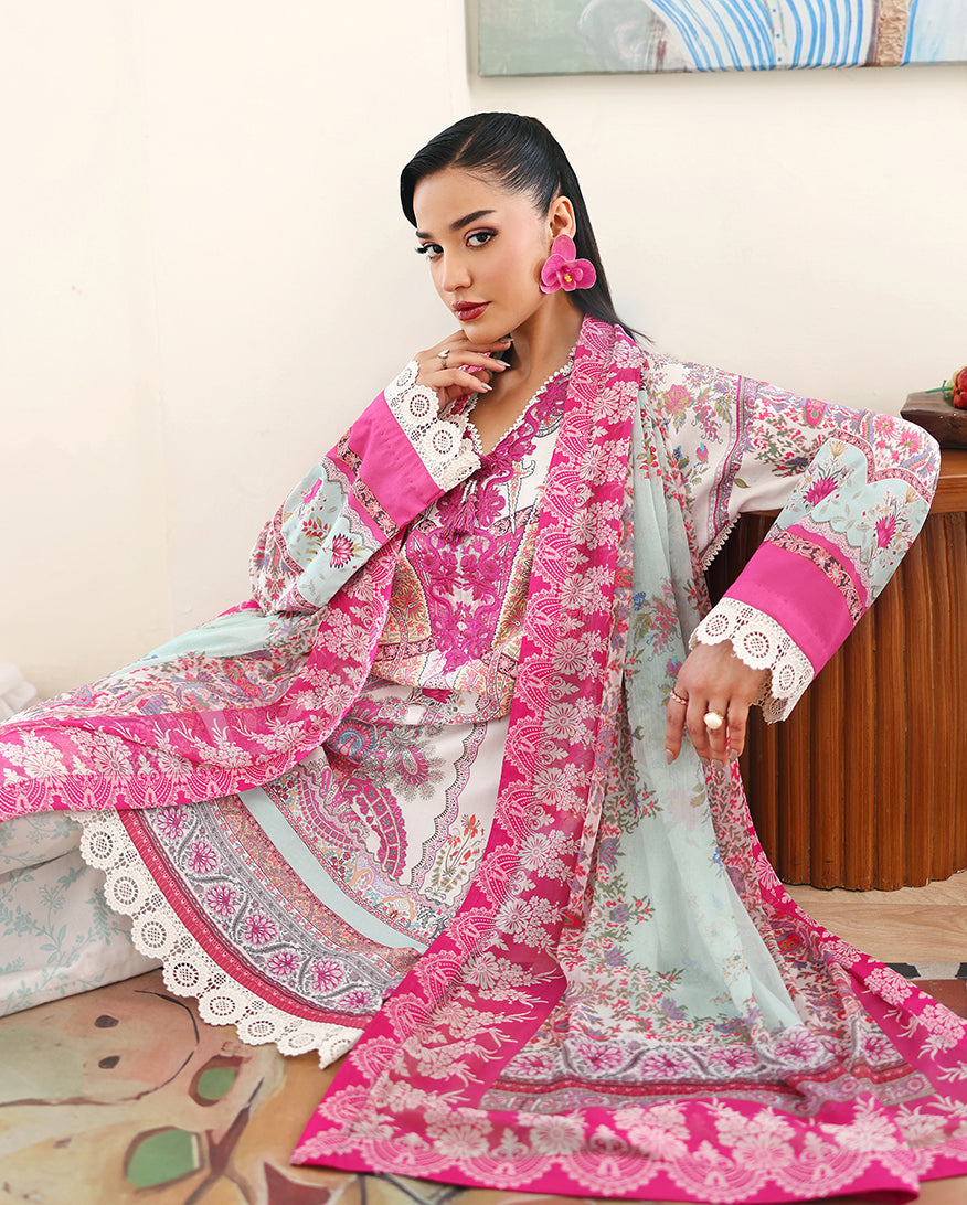 Roheenaz Eclat Gerden Printed Lawn Unstitched 3Pc Suit - CORAL HIBISCUS