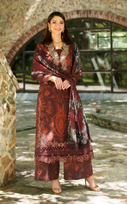 Asifa & Nabeel Meraki Embroidered Viscose Unstitched 3Pc Suit - Crimson Chill
