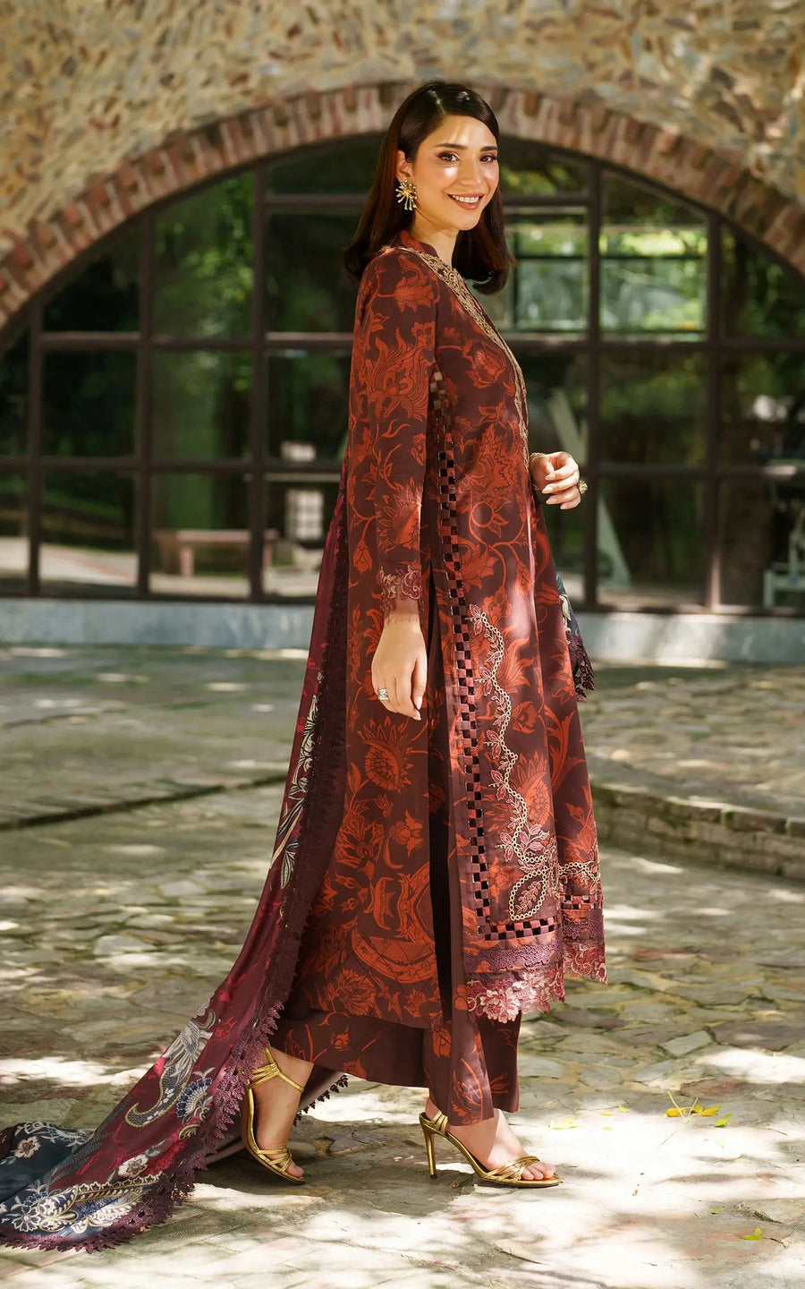 Asifa & Nabeel Meraki Embroidered Viscose Unstitched 3Pc Suit - Crimson Chill