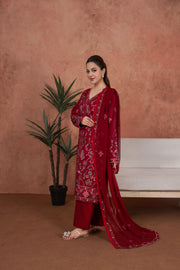 Feathers Premium Embroidered Lawn Unstitched 3Pc Suit - Crimson Mehr Royale