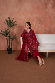 Feathers Premium Embroidered Lawn Unstitched 3Pc Suit - Crimson Mehr Royale