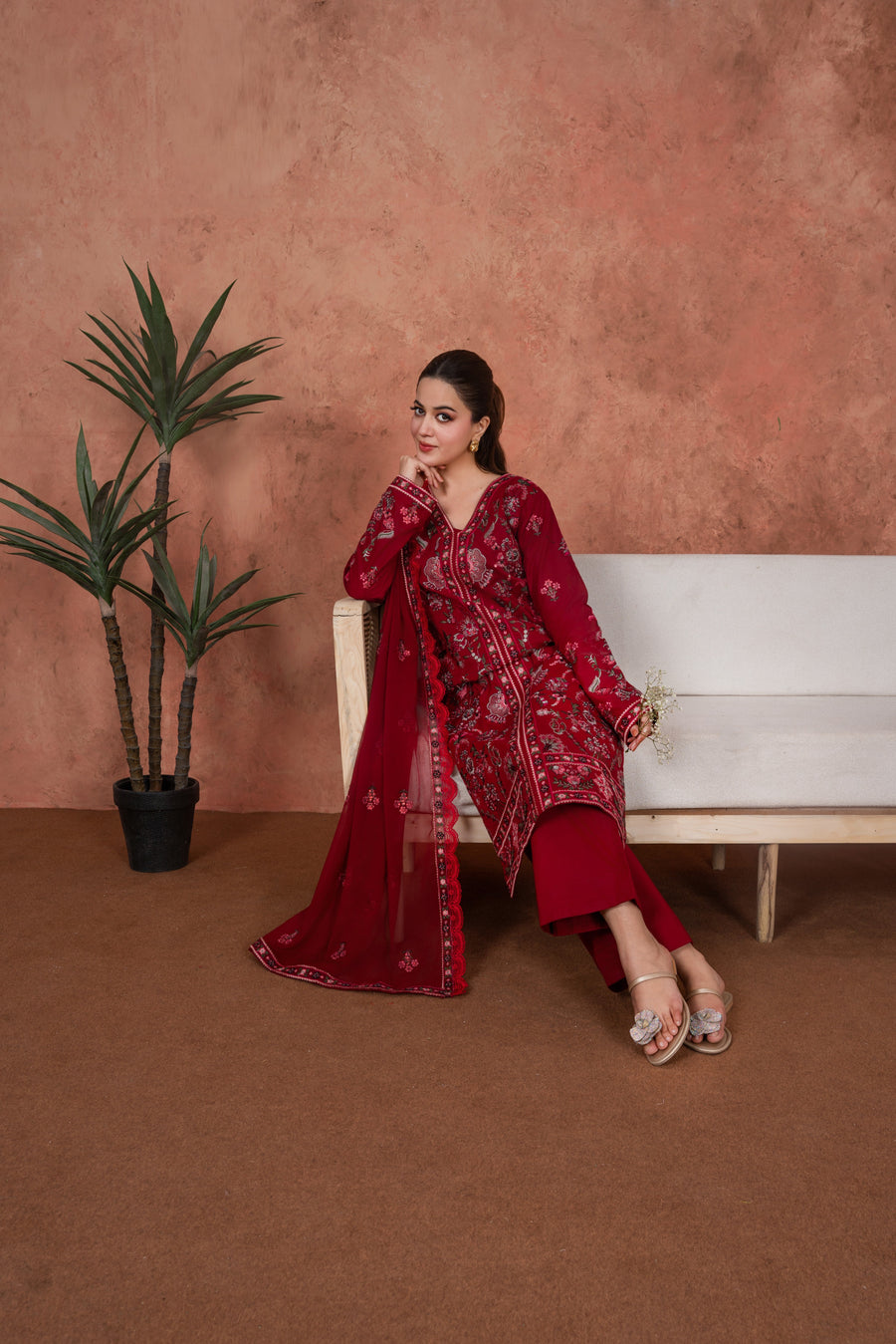 Feathers Premium Embroidered Lawn Unstitched 3Pc Suit - Crimson Mehr Royale