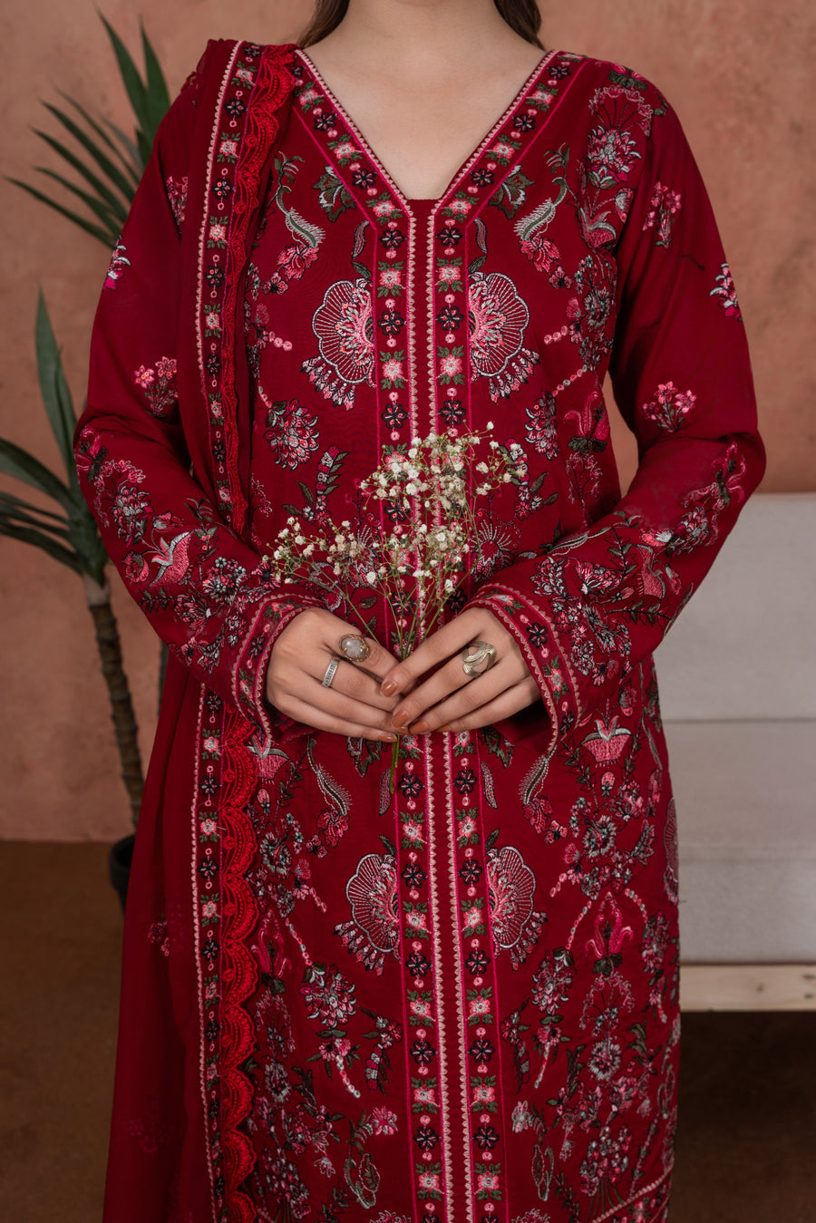Feathers Premium Embroidered Lawn Unstitched 3Pc Suit - Crimson Mehr Royale