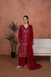 Feathers Premium Embroidered Lawn Unstitched 3Pc Suit - Crimson Mehr Royale