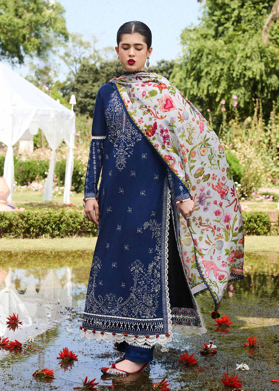 Hussain Rehar Embroidered Luxury Lawn Unstitched 3Pc Suit D-08 CYAN