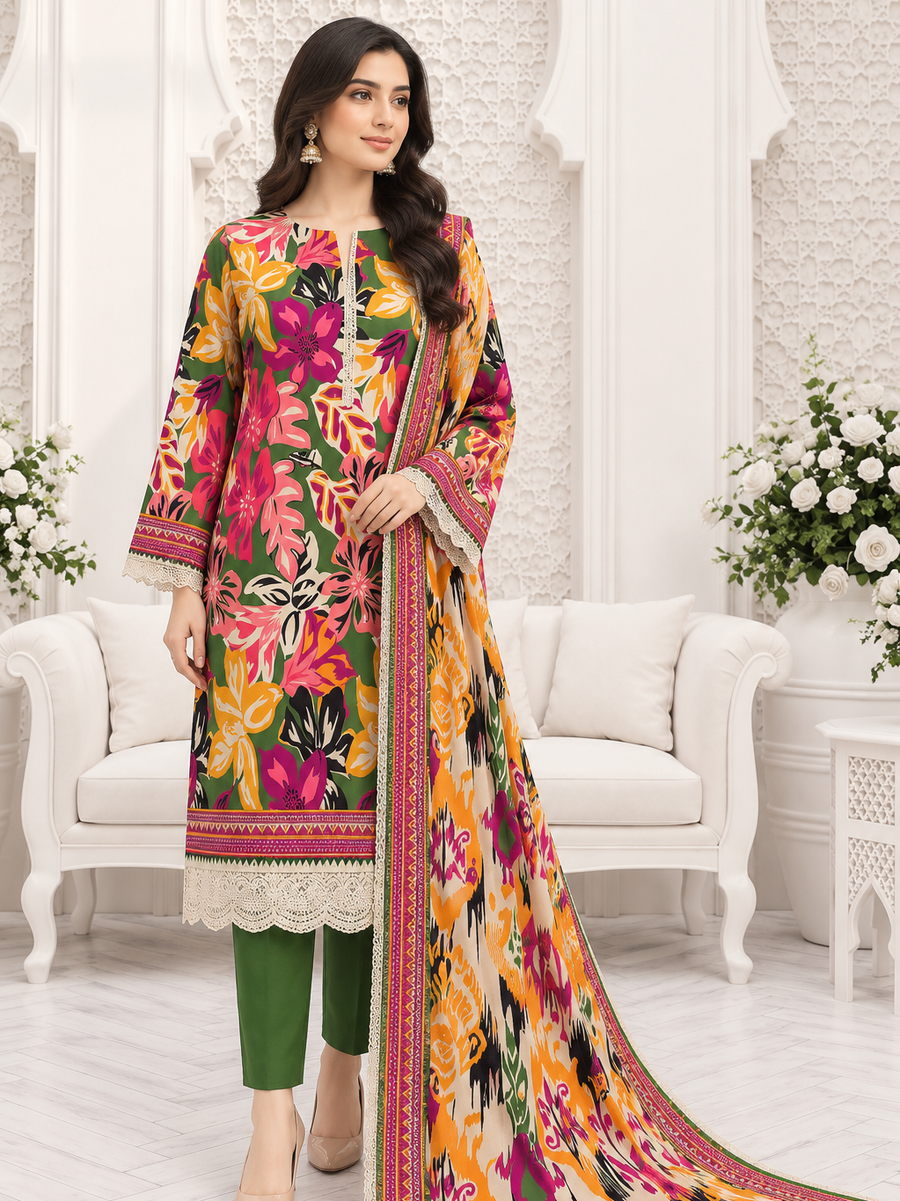 Ittehad X Bin Ameer Linen Essential Unstitched Printed 3Pc Suit D-09