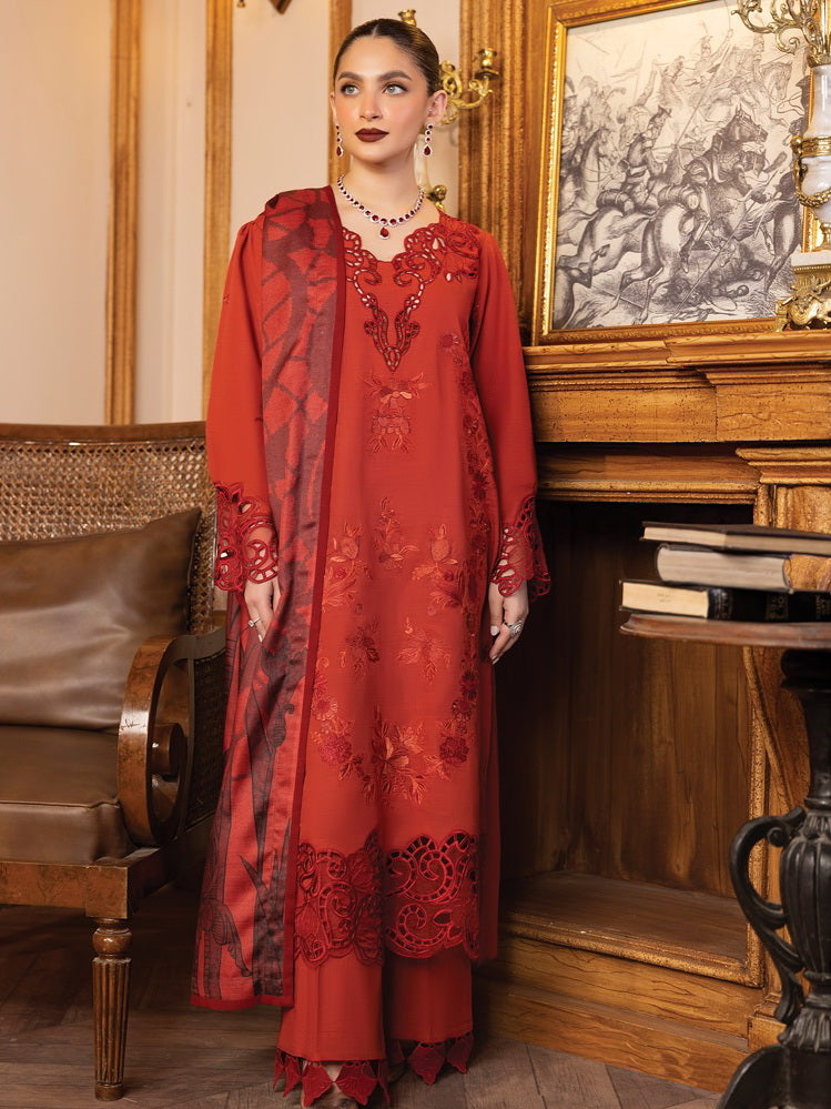 Rang Rasiya Carnation Embroidered Khaddar Unstitched 3Pc Suit D-02