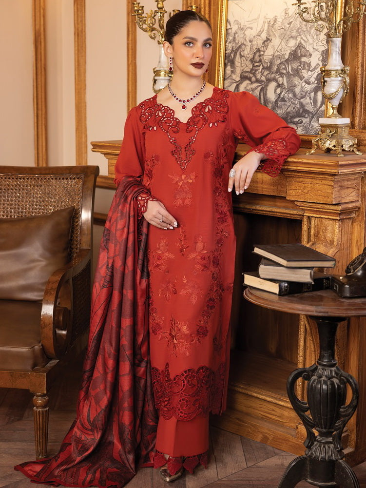 Rang Rasiya Carnation Embroidered Khaddar Unstitched 3Pc Suit D-02