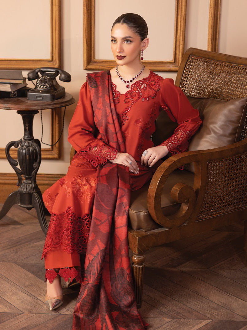 Rang Rasiya Carnation Embroidered Khaddar Unstitched 3Pc Suit D-02