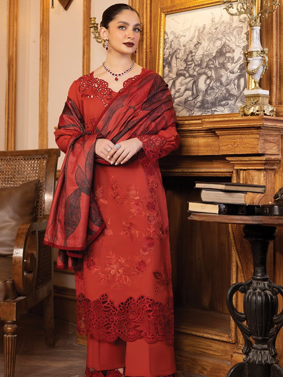 Rang Rasiya Carnation Embroidered Khaddar Unstitched 3Pc Suit D-02