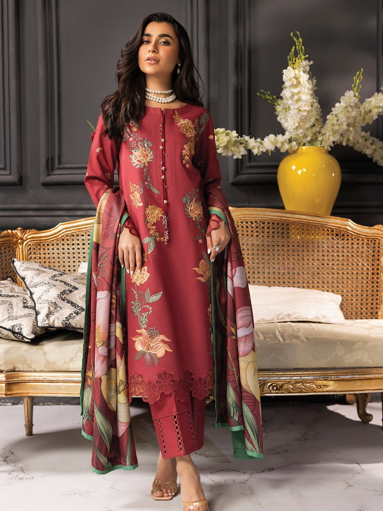 Rang Rasiya Carnation Embroidered Khaddar Unstitched 3Pc Suit D-03