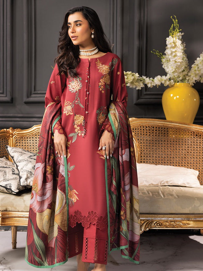 Rang Rasiya Carnation Embroidered Khaddar Unstitched 3Pc Suit D-03