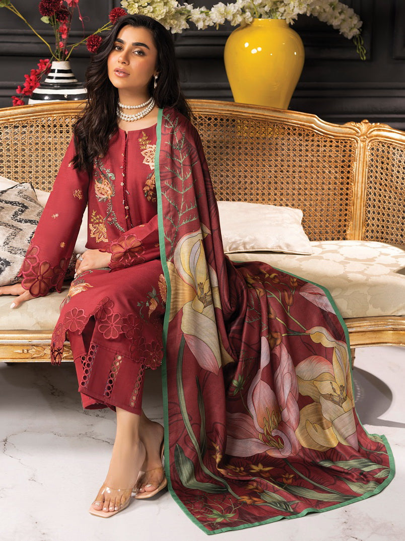 Rang Rasiya Carnation Embroidered Khaddar Unstitched 3Pc Suit D-03