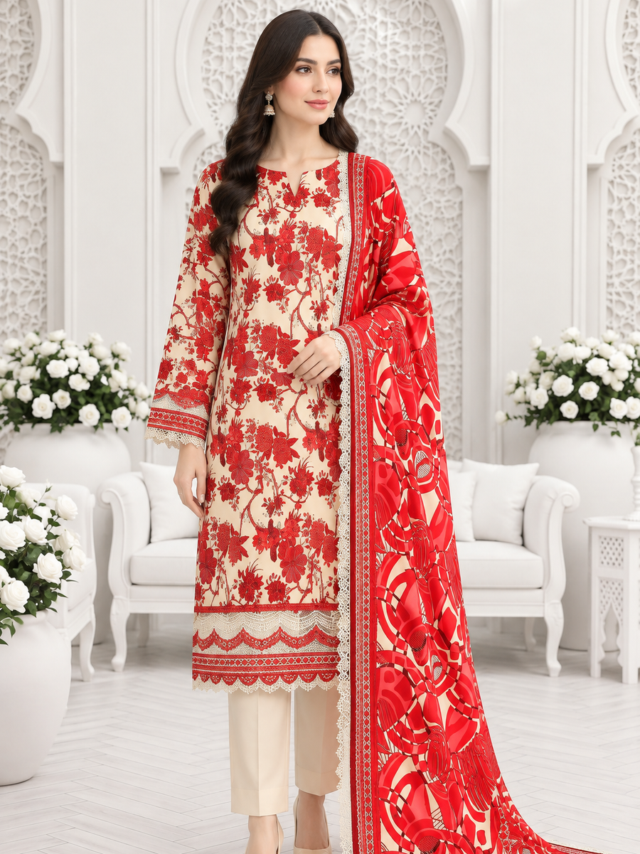 Ittehad X Bin Ameer Linen Essential Unstitched Printed 3Pc Suit D-03