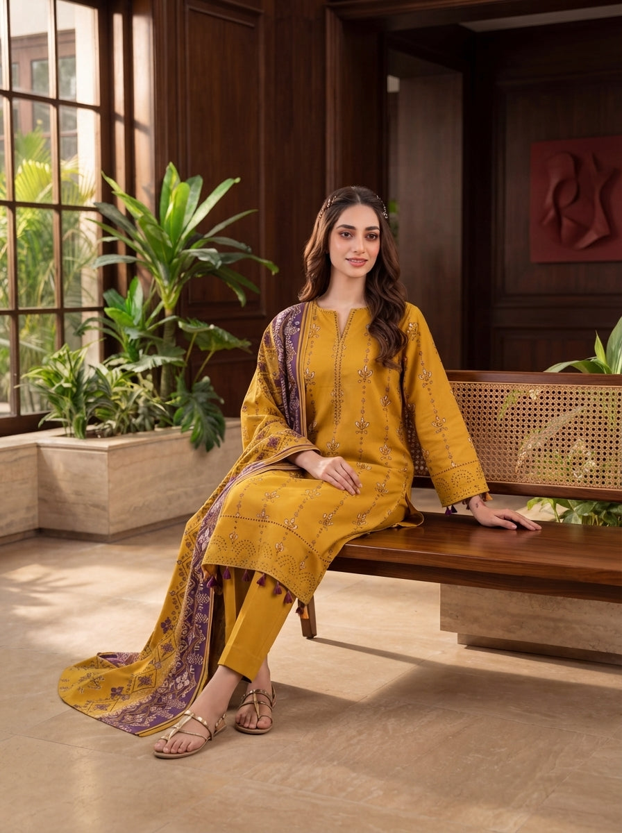 Pashm by Fiza Noor Premium Printed Leather Linen Unstitched 3Pc Suit D-03