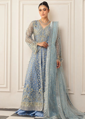 Hemline by Mushq Embroidered Net Unstitched 3Pc Suit D-04 Periwinkle