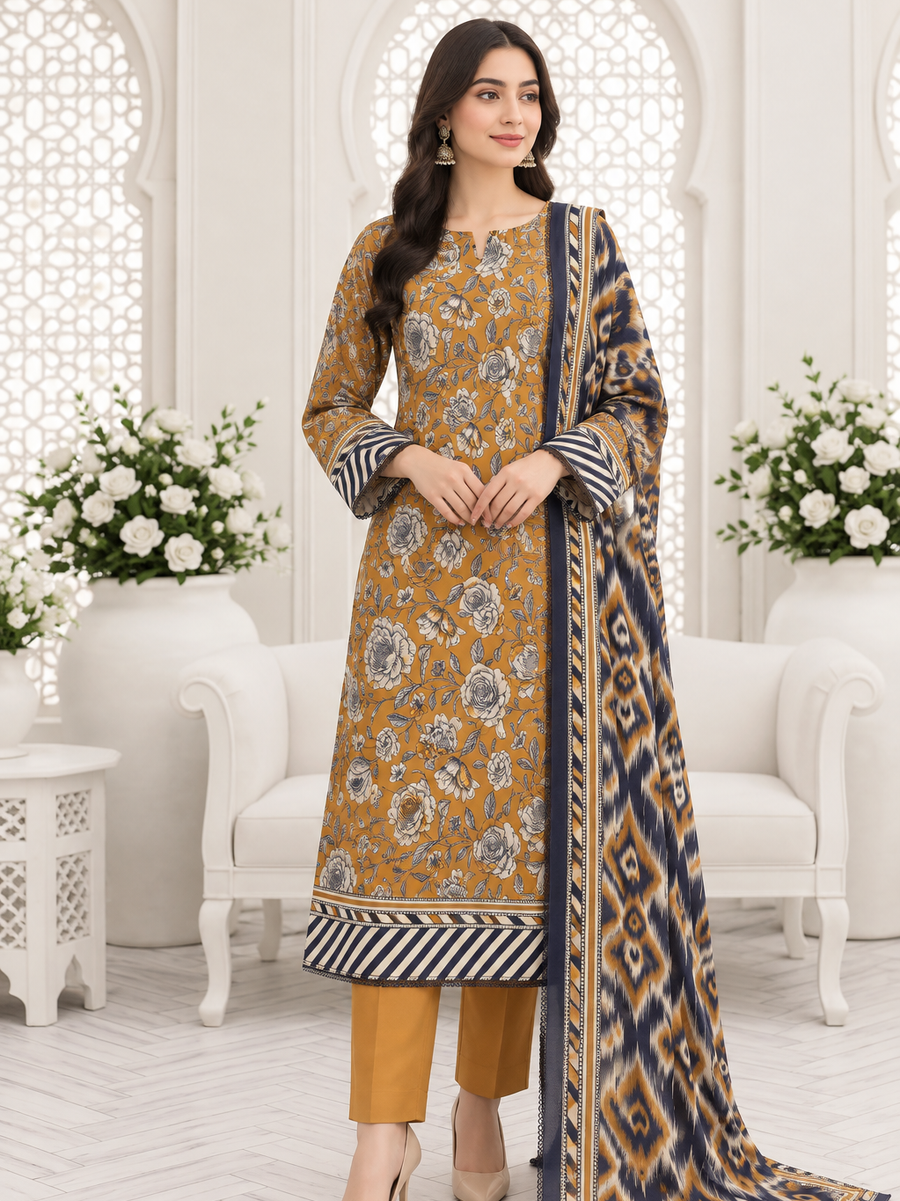 Ittehad X Bin Ameer Linen Essential Unstitched Printed 3Pc Suit D-04