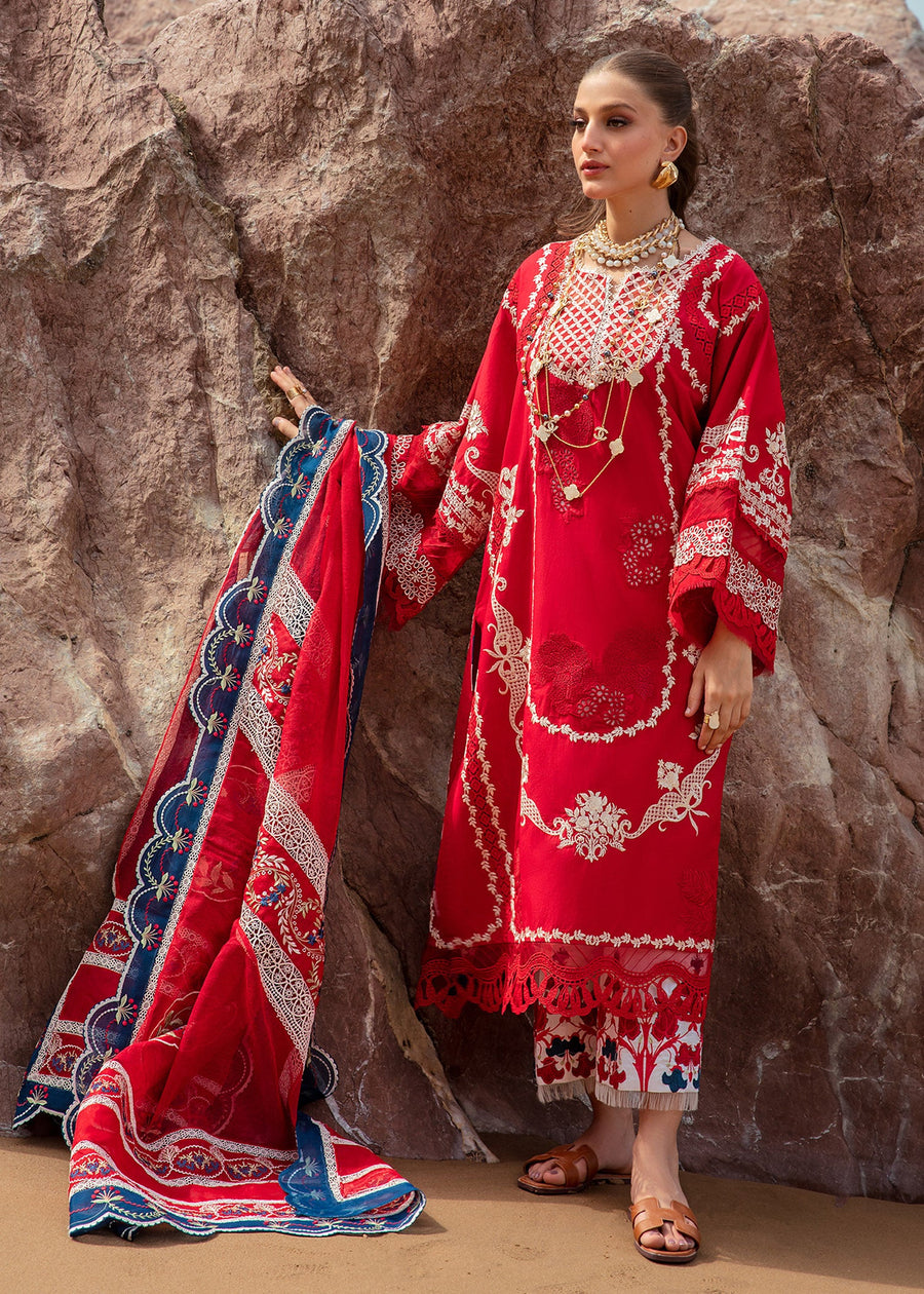 Saira Shakira Embroidered Lawn Unstitched 3Pc Suit D-05A Stars of Fire - Flame red