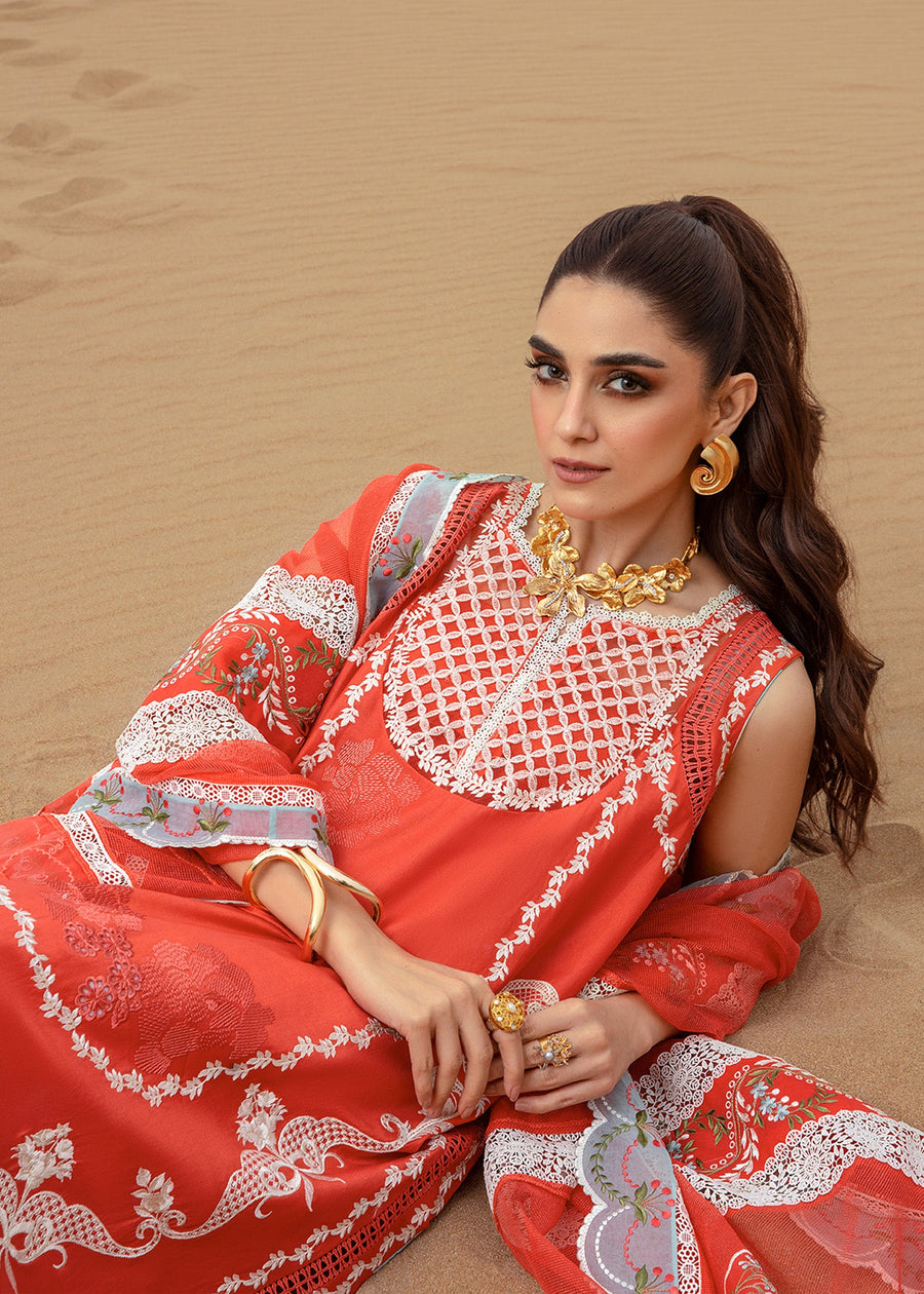 Saira Shakira Embroidered Lawn Unstitched 3Pc Suit D-05B Stars of Fire - Fiesta Coral