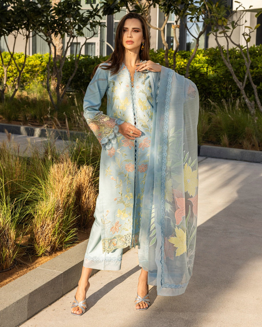 Rang Rasiya Carnation Embroidered Lawn Unstitched 3Pc Suit D-05 OCEAN