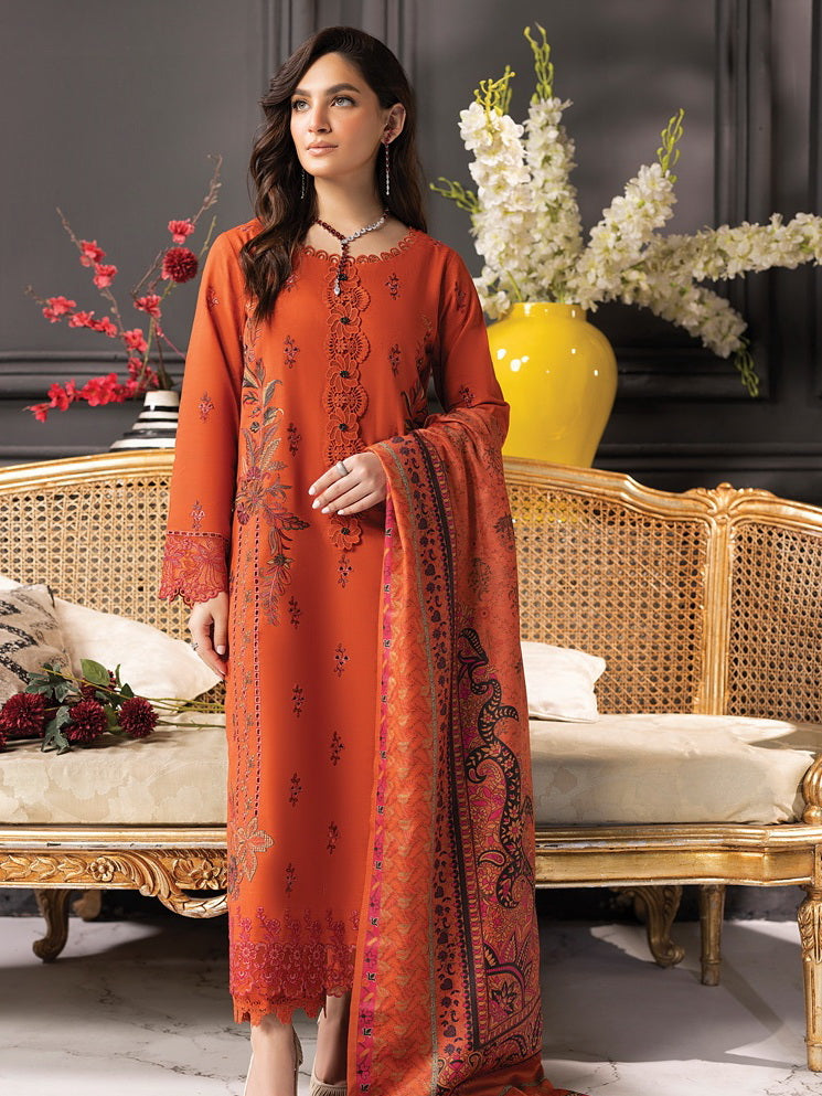 Rang Rasiya Carnation Embroidered Khaddar Unstitched 3Pc Suit D-06