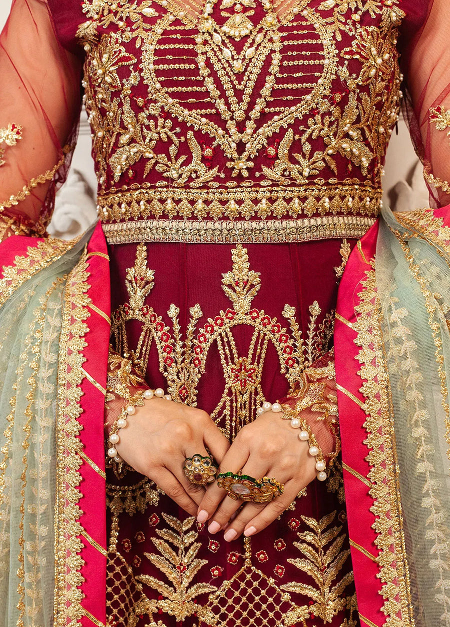 Hemline by Mushq Embroidered Net Unstitched 3Pc Suit D-06 Scarlet