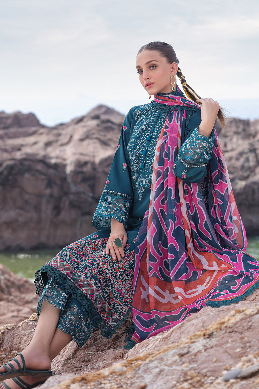 Ayzel Tropicana Embroidered Lawn Unstitched 3Pc Suit AZL-24-V2-07 Peacock
