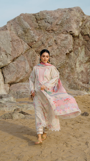 Sadaf Fawad Khan Siraa Embroidered Lawn Unstitched 3Pc Suit D-07 SUNEHRI