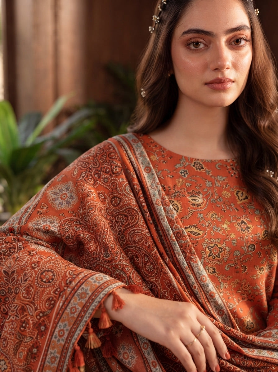 Pashm by Fiza Noor Premium Printed Leather Linen Unstitched 3Pc Suit D-08