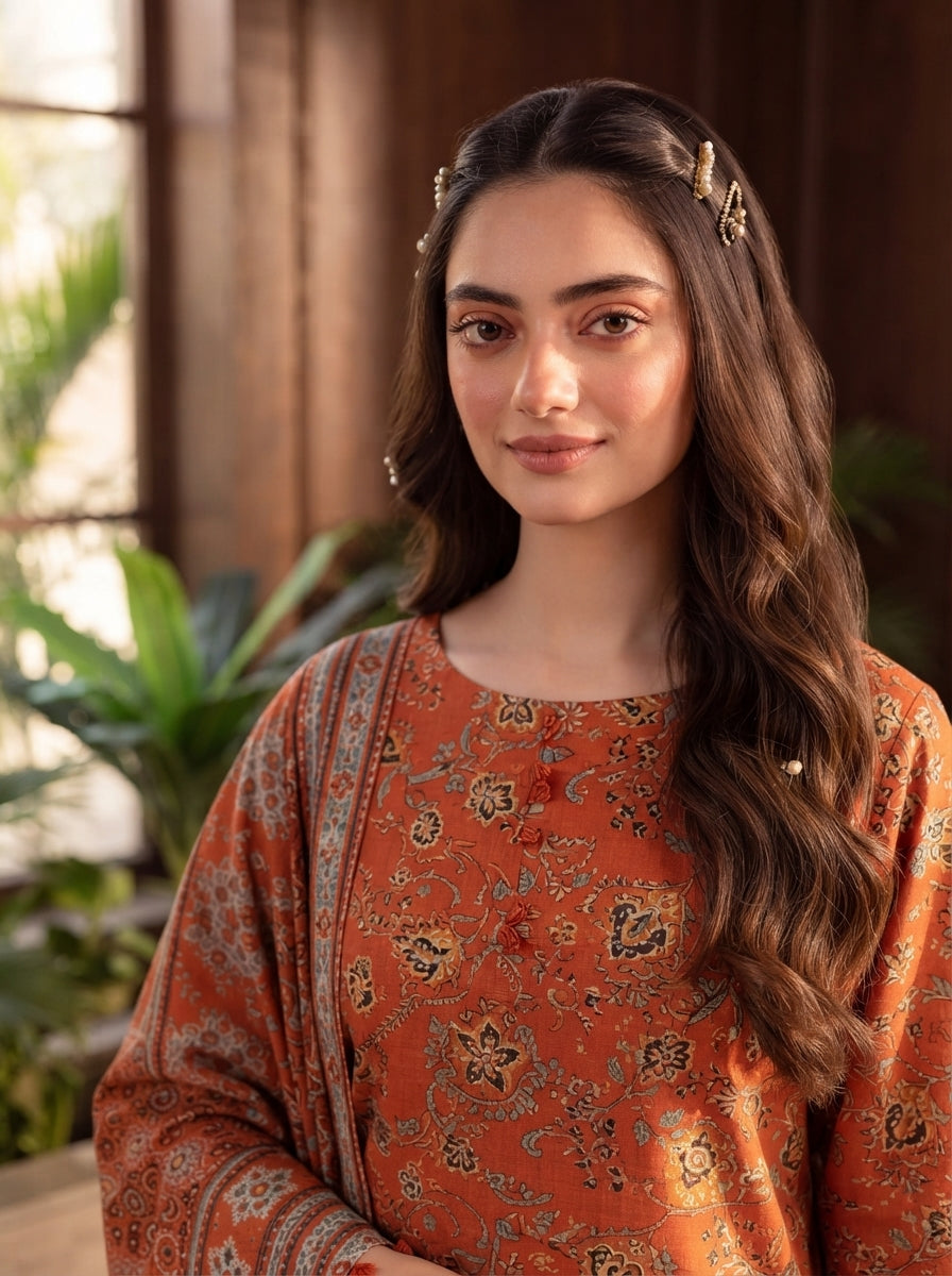 Pashm by Fiza Noor Premium Printed Leather Linen Unstitched 3Pc Suit D-08