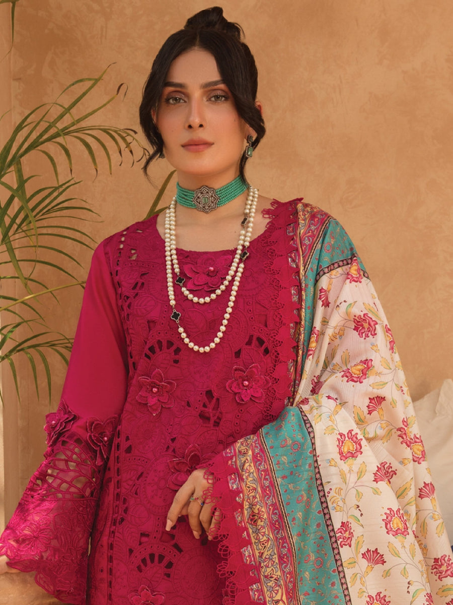 Rang Rasiya Premium Embroidered Lawn Unstitched 3Pc Suit D-08 RUBELLITE