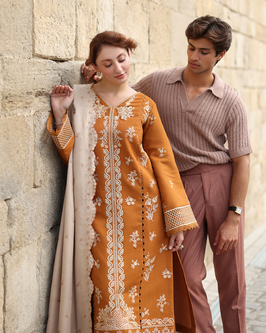 Rang Rasiya Carnation Embroidered Karandi Unstitched 3Pc Suit D-07 Cappucino