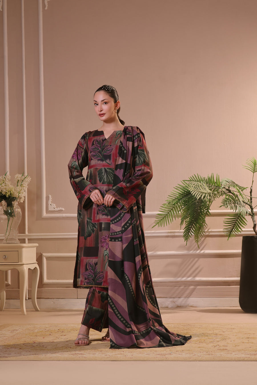 Feathers Dastak Unstitched Digital Printed Dhanak 3Pc Suit - VELVET DUSK