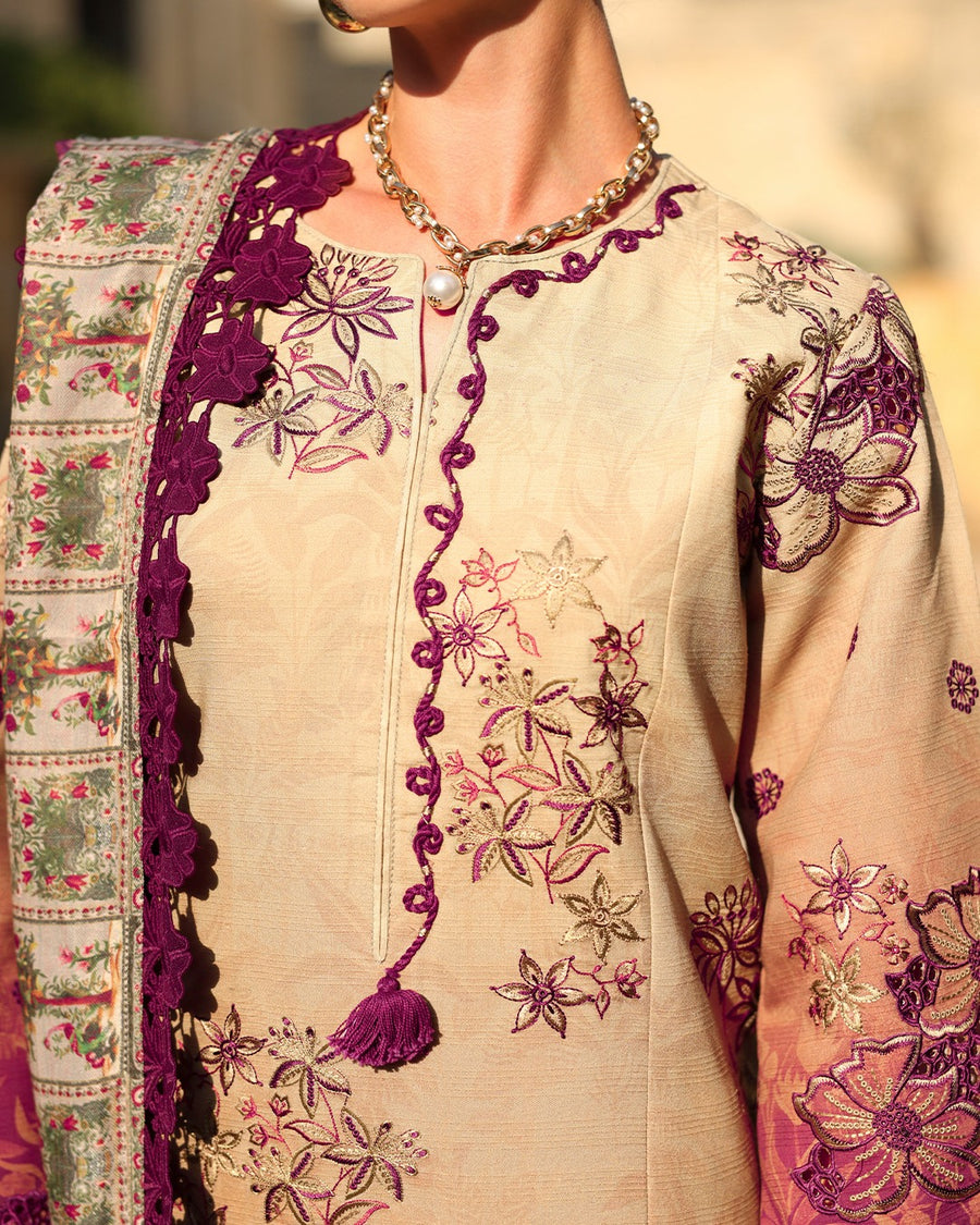 Rang Rasiya Carnation Embroidered Linen Unstitched 3Pc Suit D-08 Chai