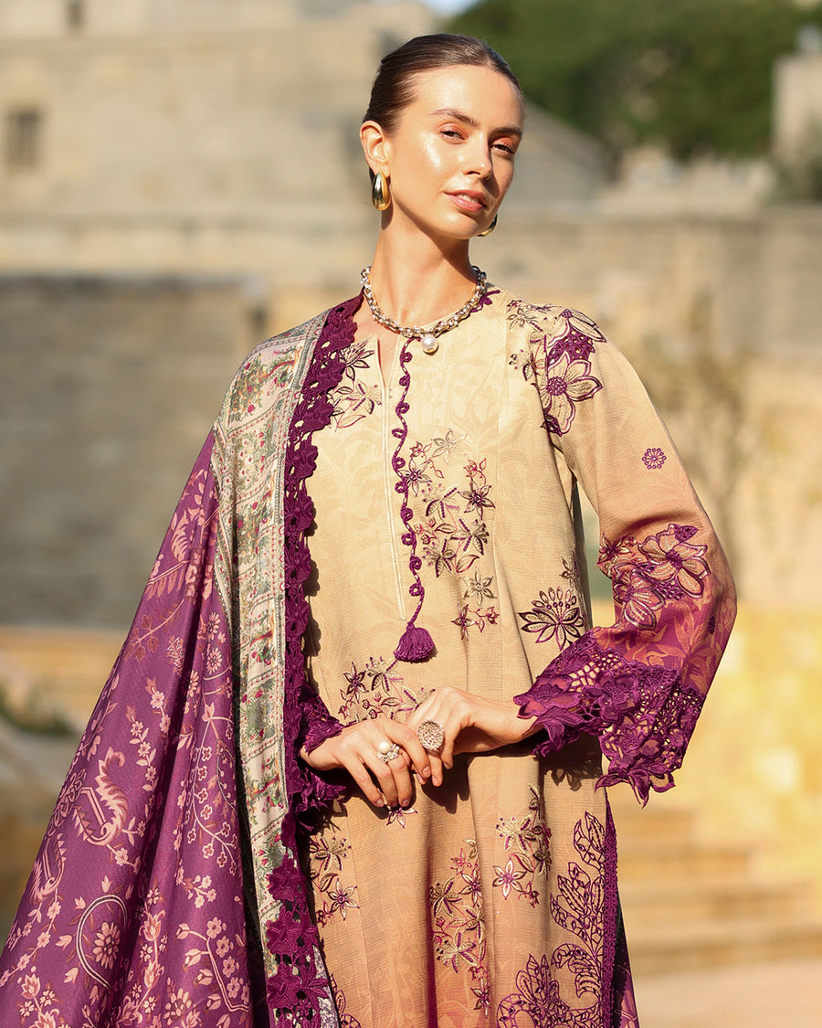 Rang Rasiya Carnation Embroidered Linen Unstitched 3Pc Suit D-08 Chai
