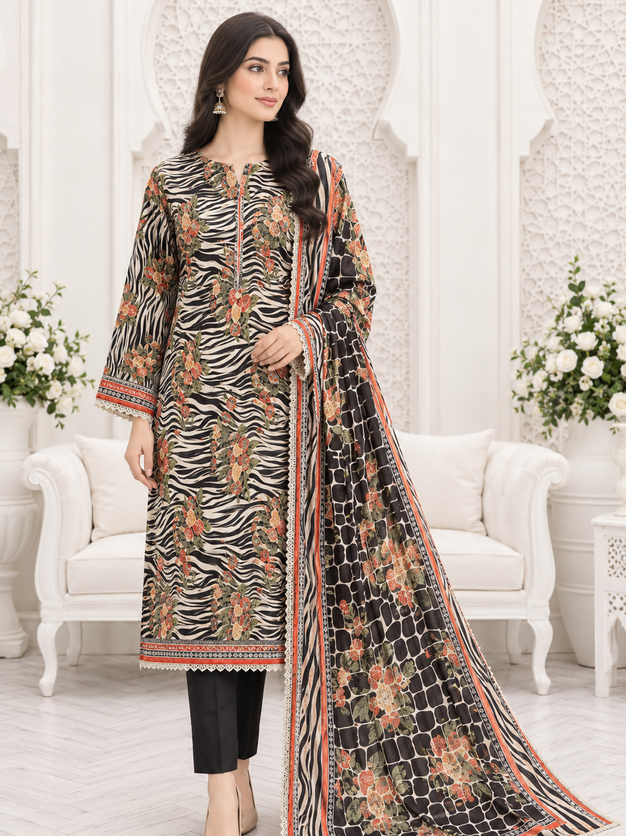 Ittehad X Bin Ameer Linen Essential Unstitched Printed 3Pc Suit D-10