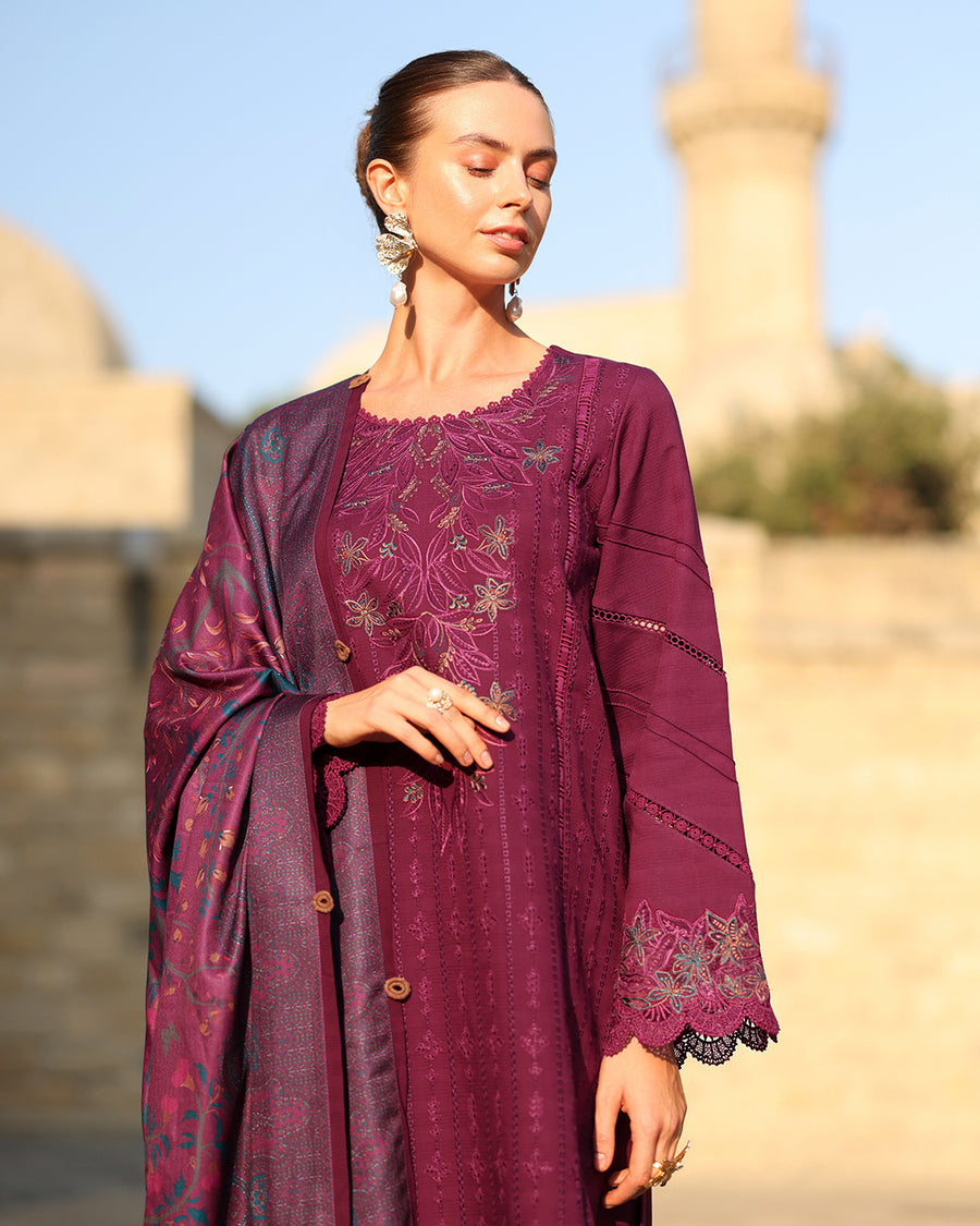 Rang Rasiya Carnation Embroidered Linen Unstitched 3Pc Suit D-11 Espresso