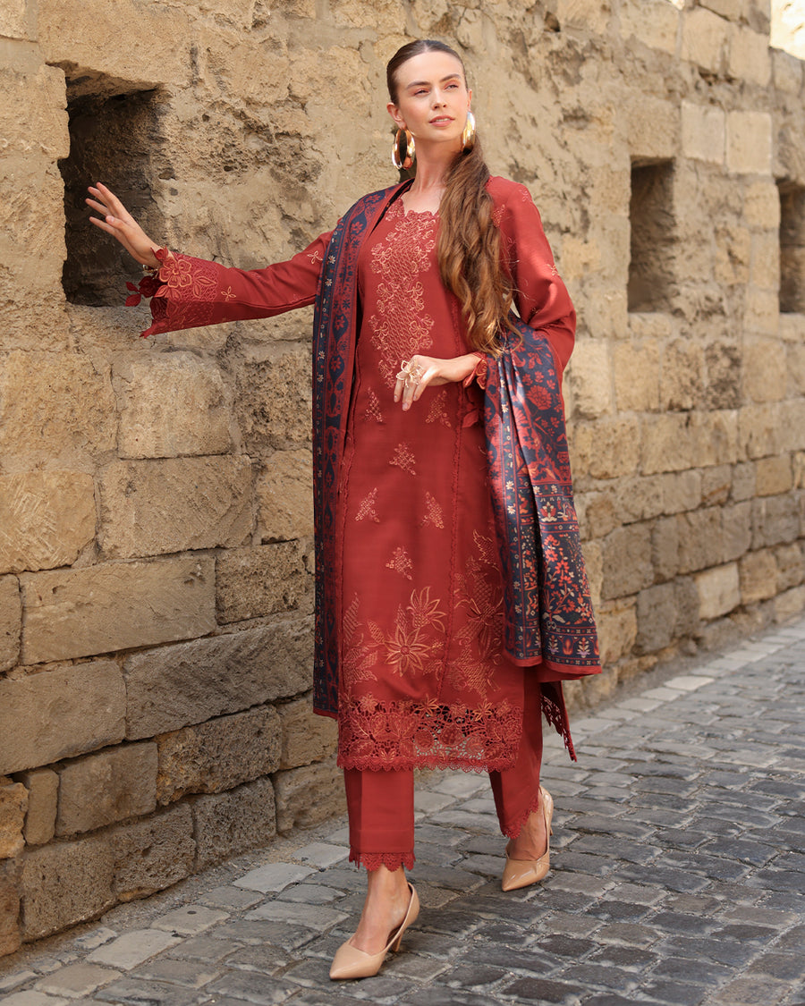 Rang Rasiya Carnation Embroidered Linen Unstitched 3Pc Suit D-14 Crdamom