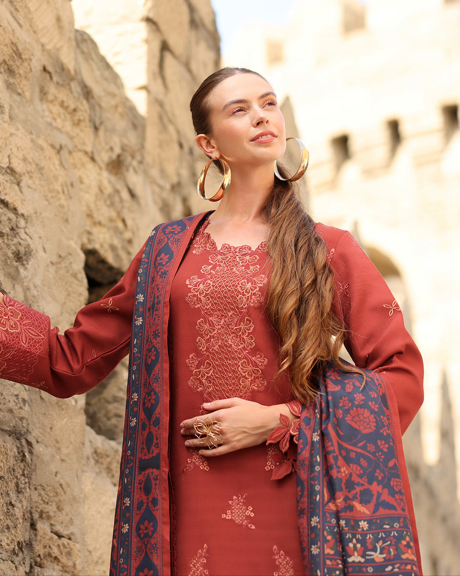 Rang Rasiya Carnation Embroidered Linen Unstitched 3Pc Suit D-14 Crdamom