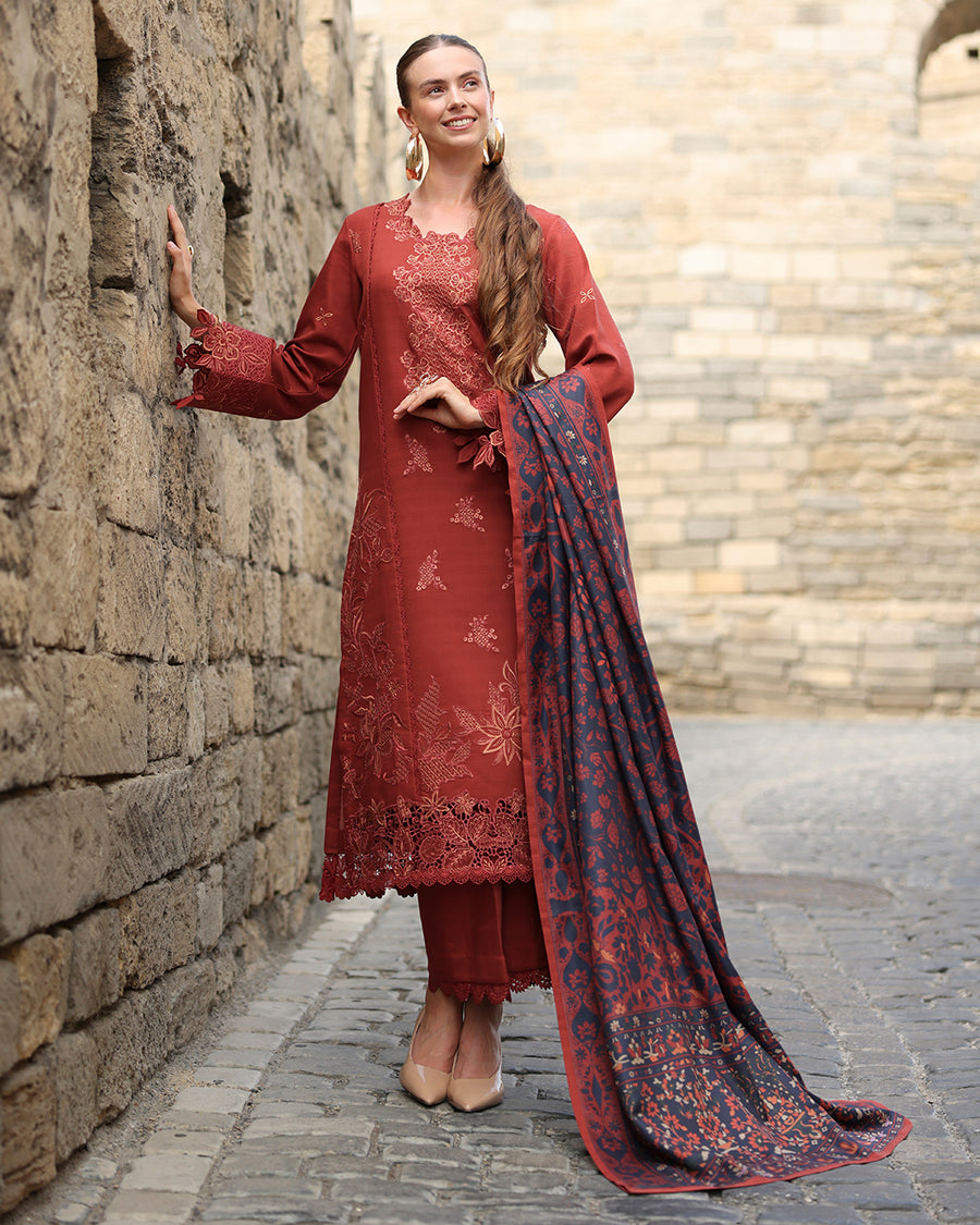 Rang Rasiya Carnation Embroidered Linen Unstitched 3Pc Suit D-14 Crdamom