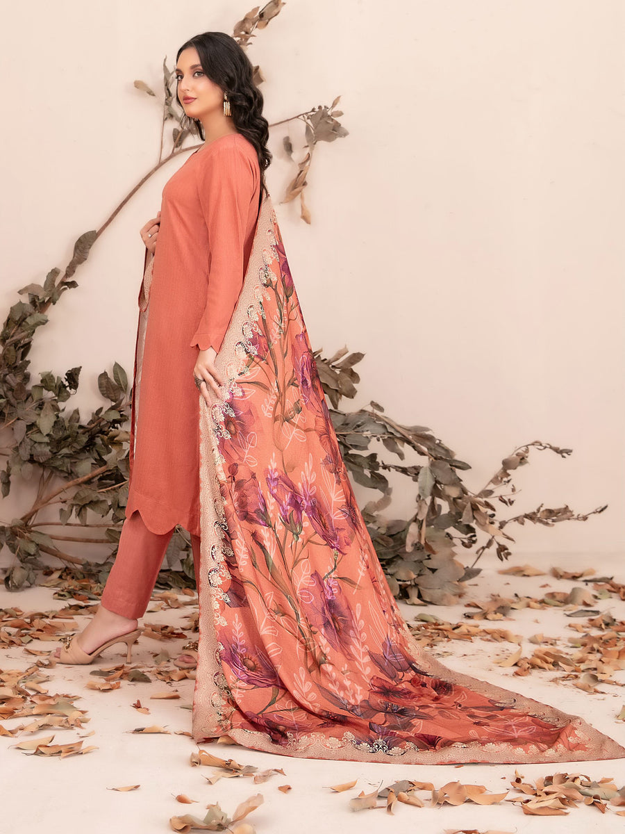Zubiya by Tawakkal Fabrics Leather Peach Unstitched 3Pc Suit D-5079