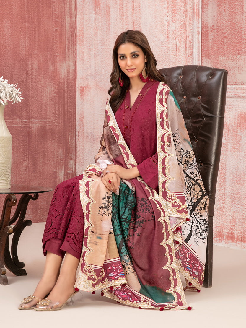 Tawakkal Fabrics Haneen Embroidered Schiffli Viscose 3Pc Suit D-9415