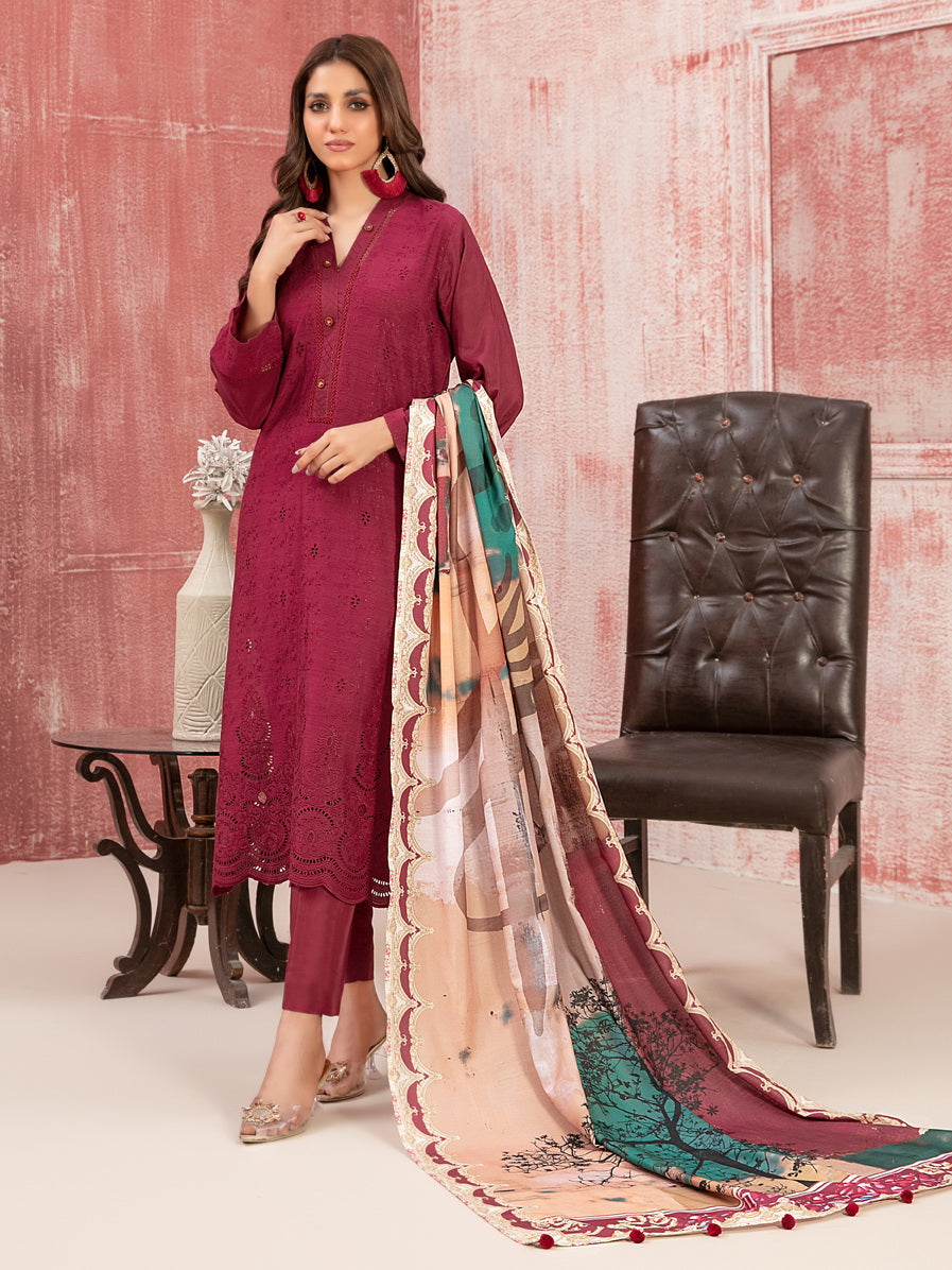 Tawakkal Fabrics Haneen Embroidered Schiffli Viscose 3Pc Suit D-9415