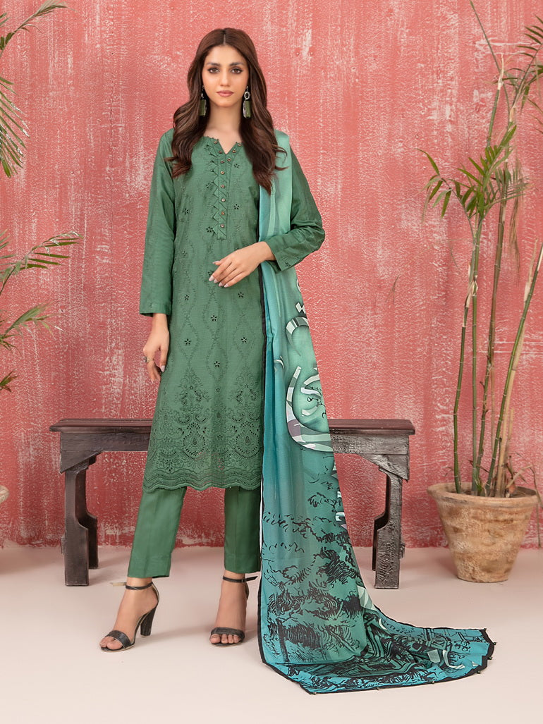 Tawakkal Fabrics Haneen Embroidered Schiffli Viscose 3Pc Suit D-9419