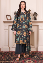 Woman wearing a floral dress with a dark background